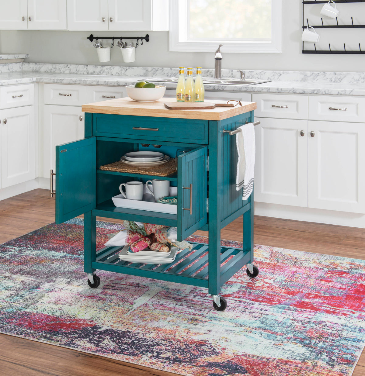 Powell Green Wood Base with Wood Butcher Block Top Rolling Kitchen Cart (28-in x 20.25-in x 33.5-in)