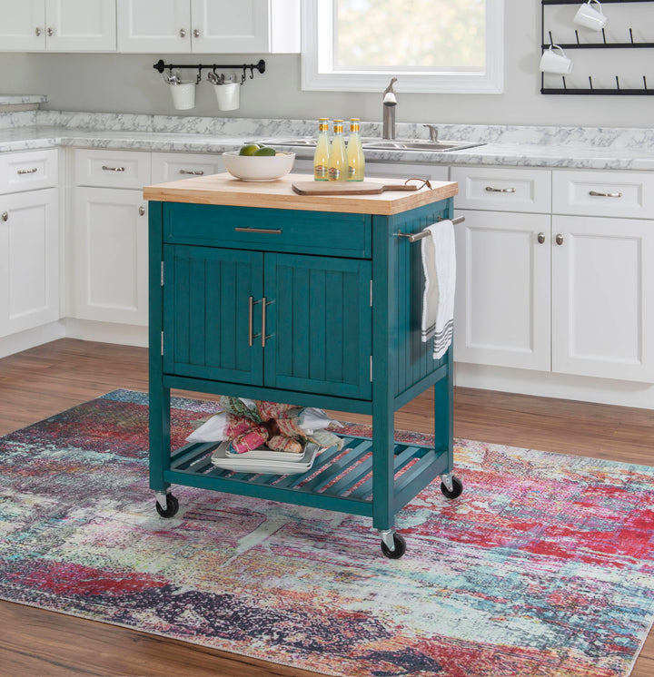 Powell Green Wood Base with Wood Butcher Block Top Rolling Kitchen Cart (28-in x 20.25-in x 33.5-in)