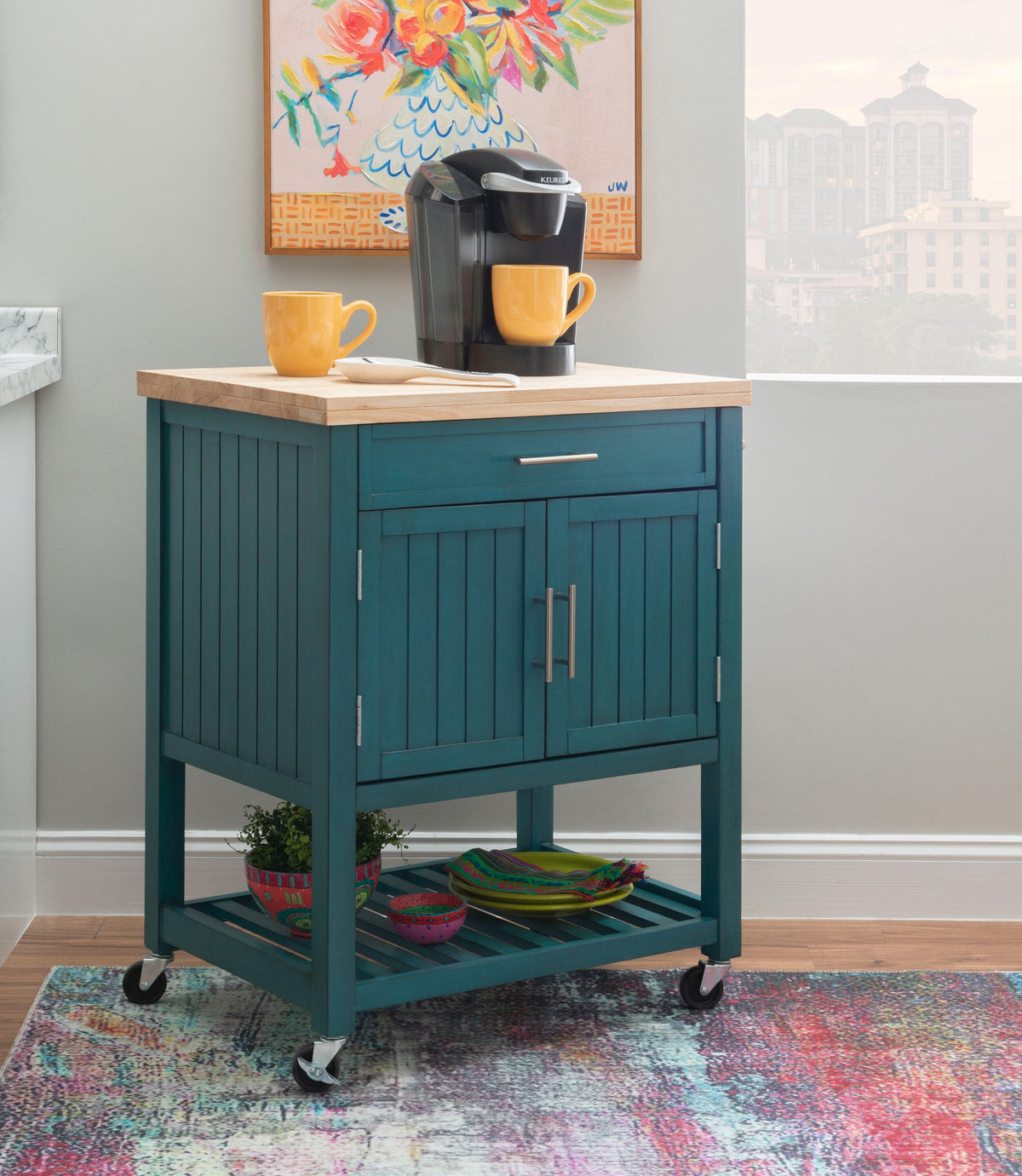 Powell Green Wood Base with Wood Butcher Block Top Rolling Kitchen Cart (28-in x 20.25-in x 33.5-in)