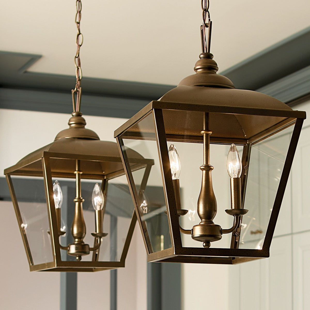 Kichler Dame 3-Light Character Bronze Farmhouse Clear Glass Lantern Medium Hanging Pendant Light