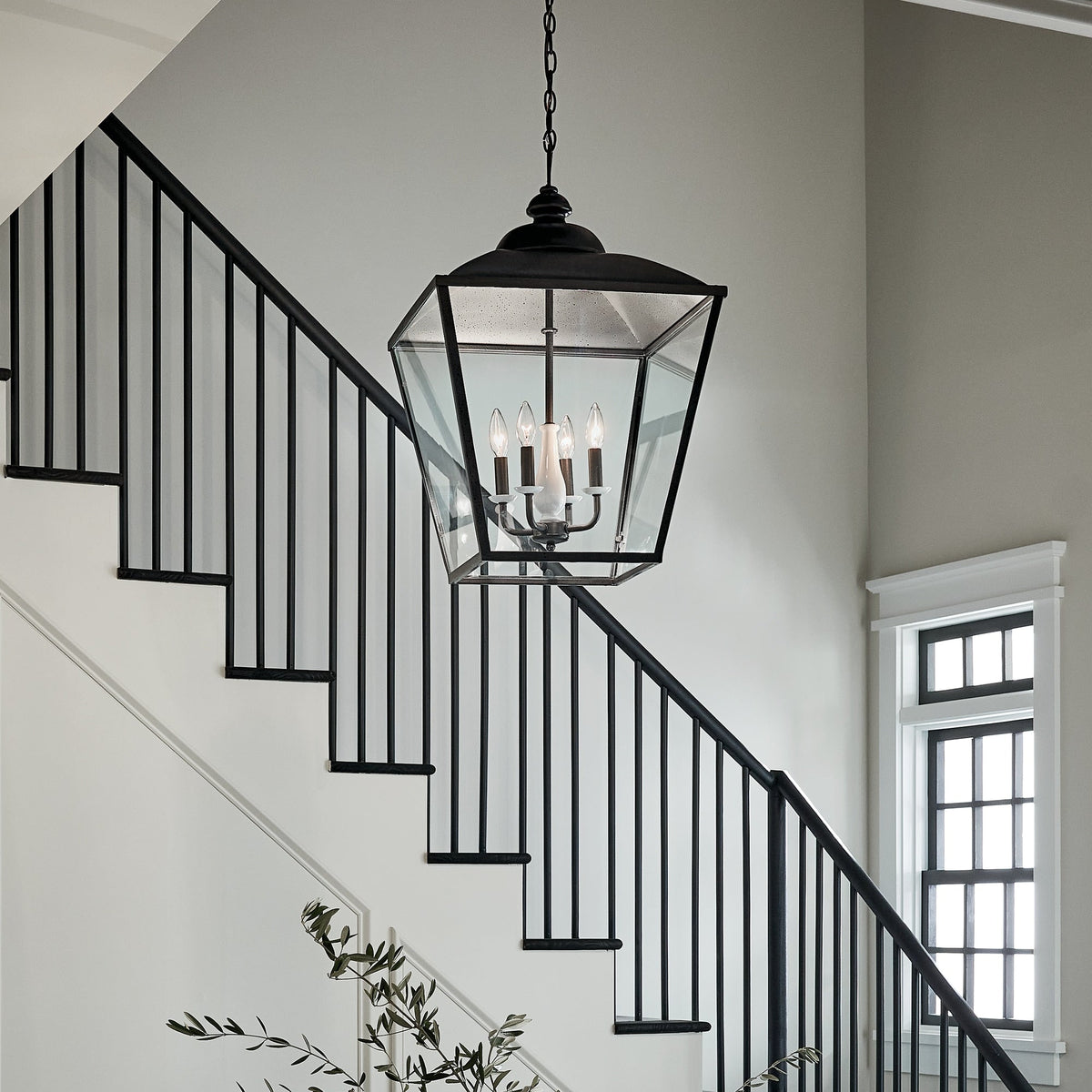Kichler Dame 4-Light Anvil Iron Farmhouse Clear Glass Lantern Large Hanging Pendant Light