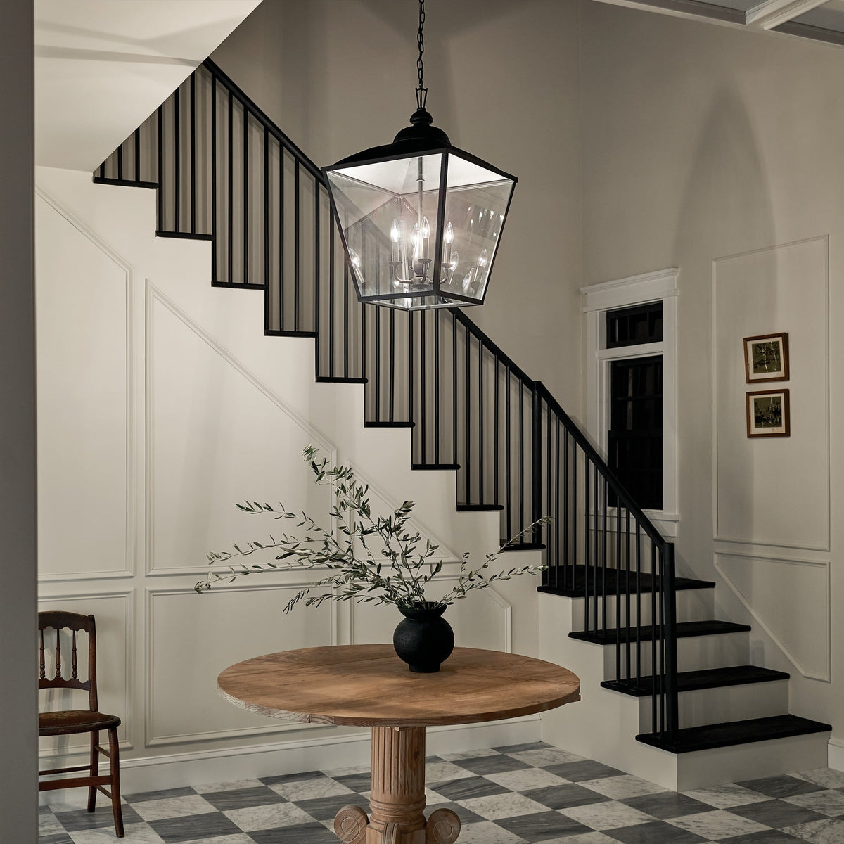 Kichler Dame 4-Light Textured Black Farmhouse Clear Glass Lantern Large Hanging Pendant Light