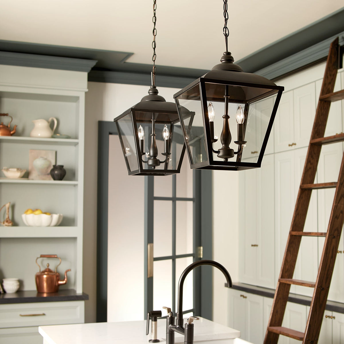 Kichler Dame 3-Light Textured Black Farmhouse Clear Glass Lantern Medium Hanging Pendant Light