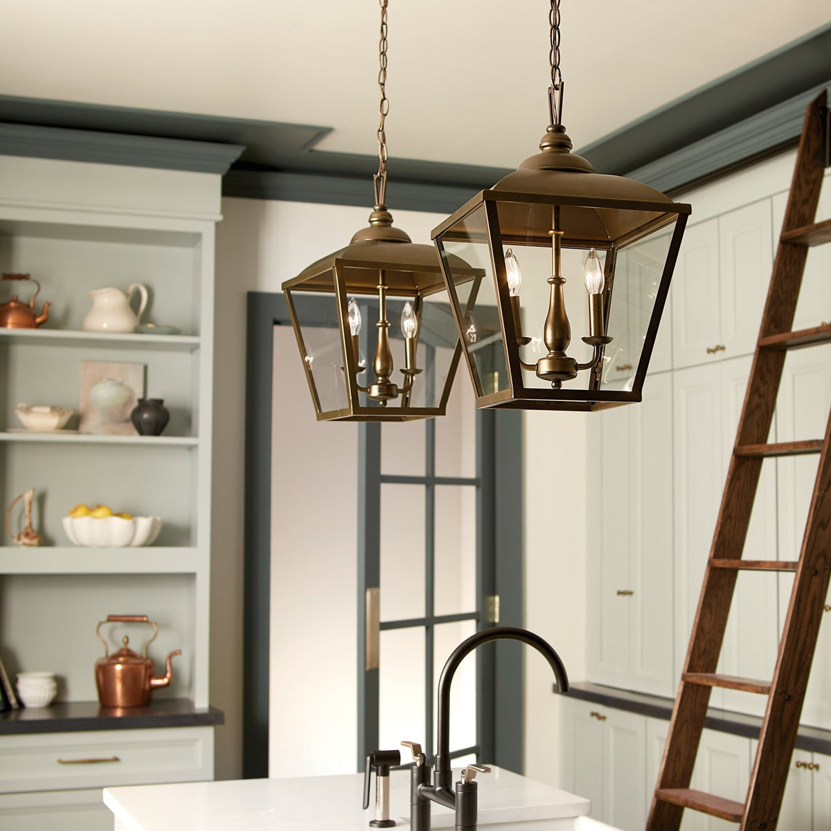 Kichler Dame 3-Light Character Bronze Farmhouse Clear Glass Lantern Medium Hanging Pendant Light