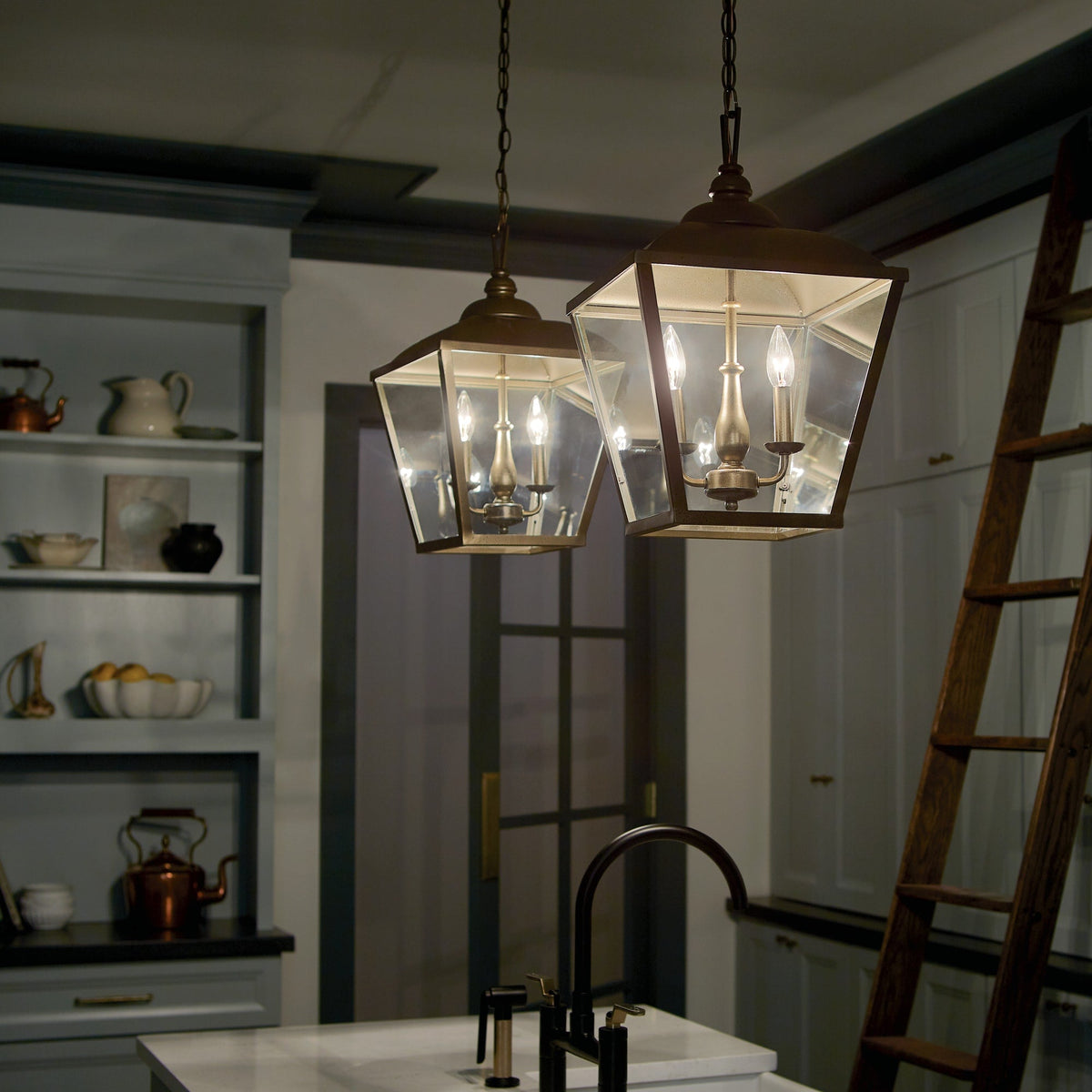 Kichler Dame 3-Light Character Bronze Farmhouse Clear Glass Lantern Medium Hanging Pendant Light