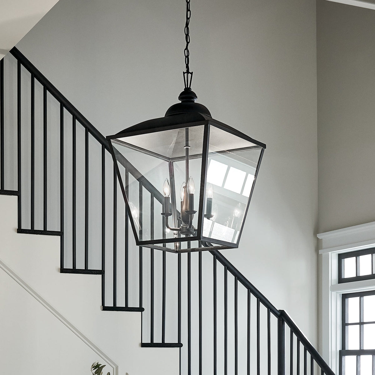 Kichler Dame 4-Light Textured Black Farmhouse Clear Glass Lantern Large Hanging Pendant Light