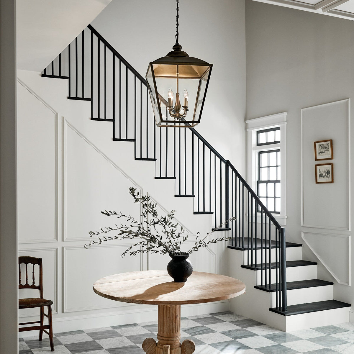 Kichler Dame 4-Light Character Bronze Farmhouse Clear Glass Lantern Large Hanging Pendant Light