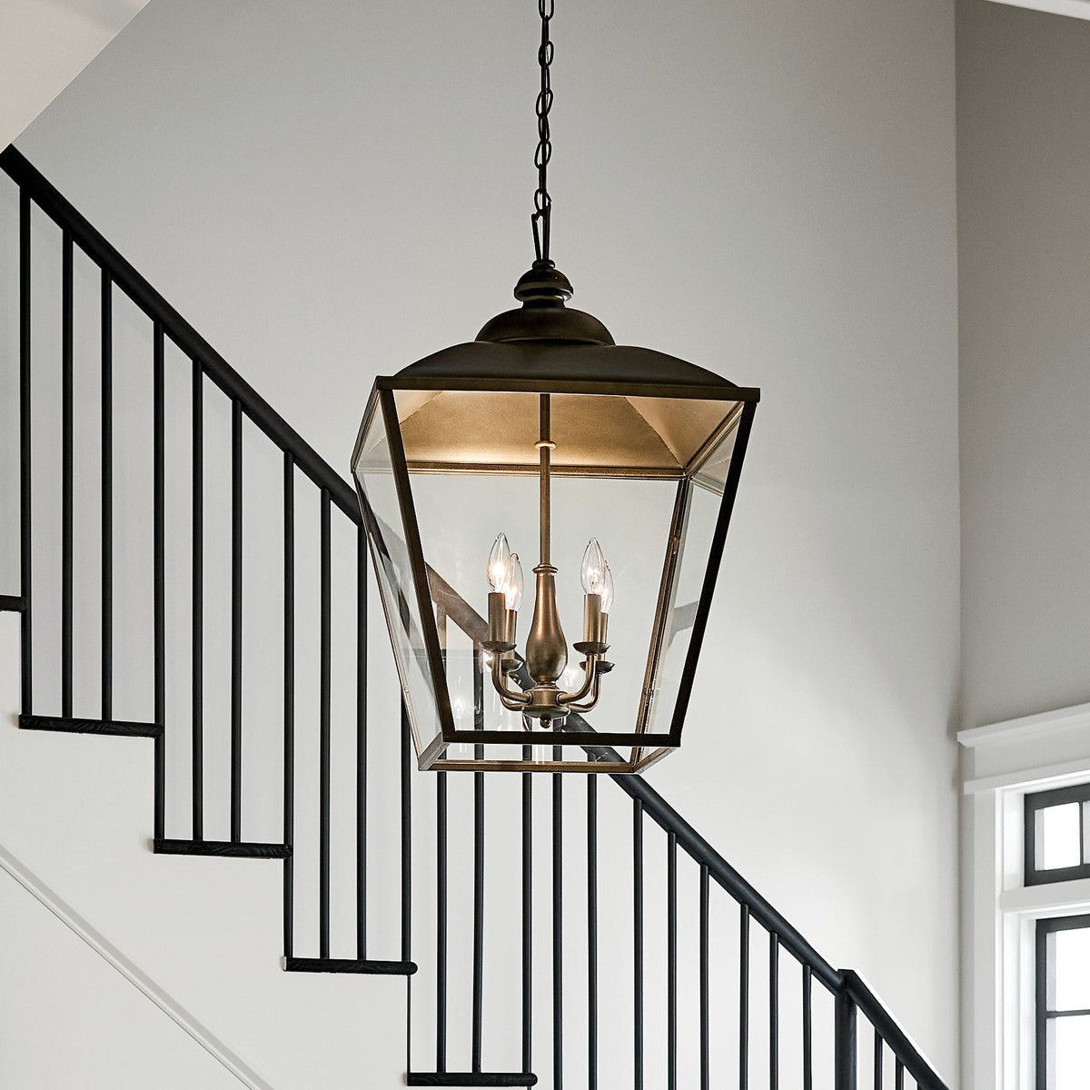 Kichler Dame 4-Light Character Bronze Farmhouse Clear Glass Lantern Large Hanging Pendant Light
