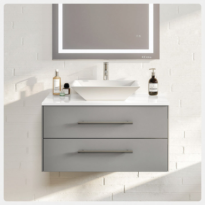 Eviva Totti Wave 30 in. W x 21.5 in. D x 16.5 in. H Floating Bathroom Vanity in Gray with White Glass Top and Vessel Sink