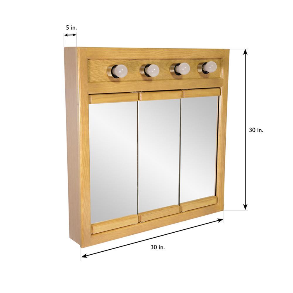 Richland 30 in. W x 30 in. H x 5 in. D Framed 4-Light Tri-View Surface-Mount Bathroom Medicine Cabinet in Nutmeg Oak - Super Arbor