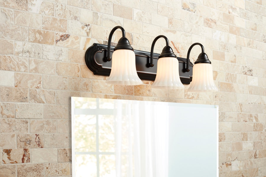 Portfolio Shaker Park 3-Light 24.09-in Oil-Rubbed Bronze Vanity Light with White Glass Shades