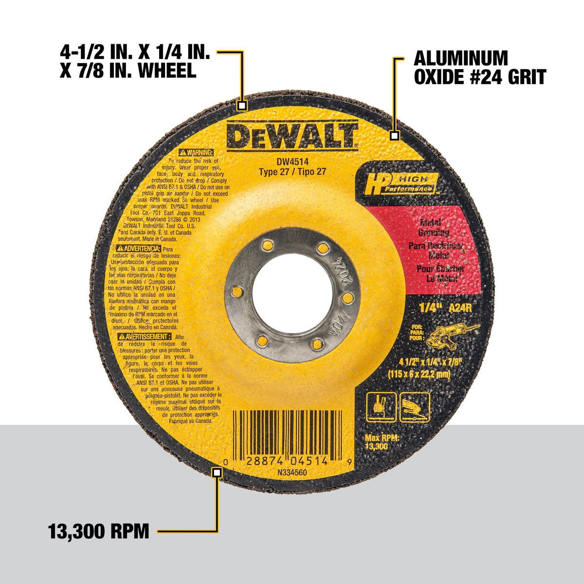 DEWALT Aluminum Oxide 4.5-in Type 27 Grinding Wheel, 1/4-in Thick, 7/8-in Arbor