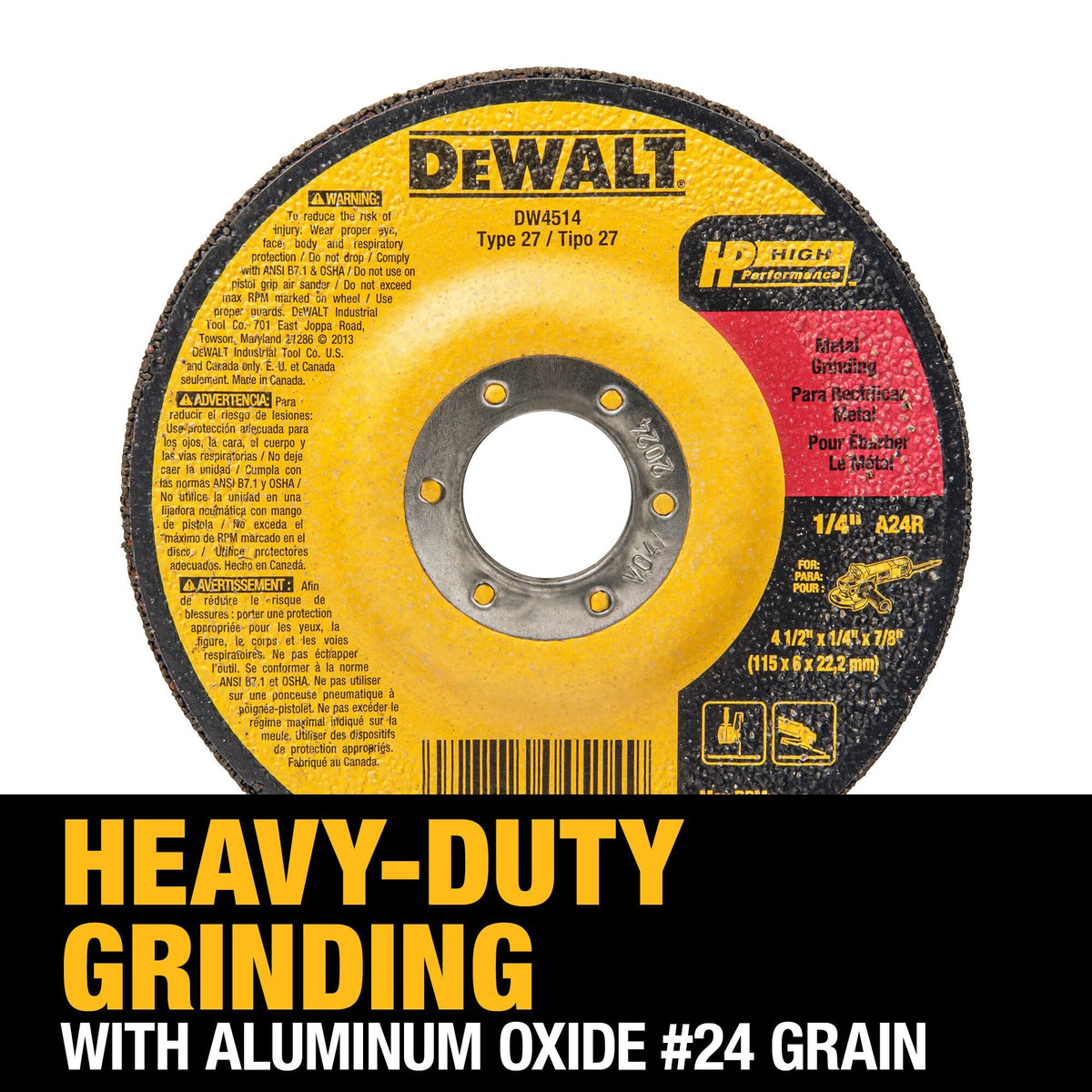 DEWALT Aluminum Oxide 4.5-in Type 27 Grinding Wheel, 1/4-in Thick, 7/8-in Arbor