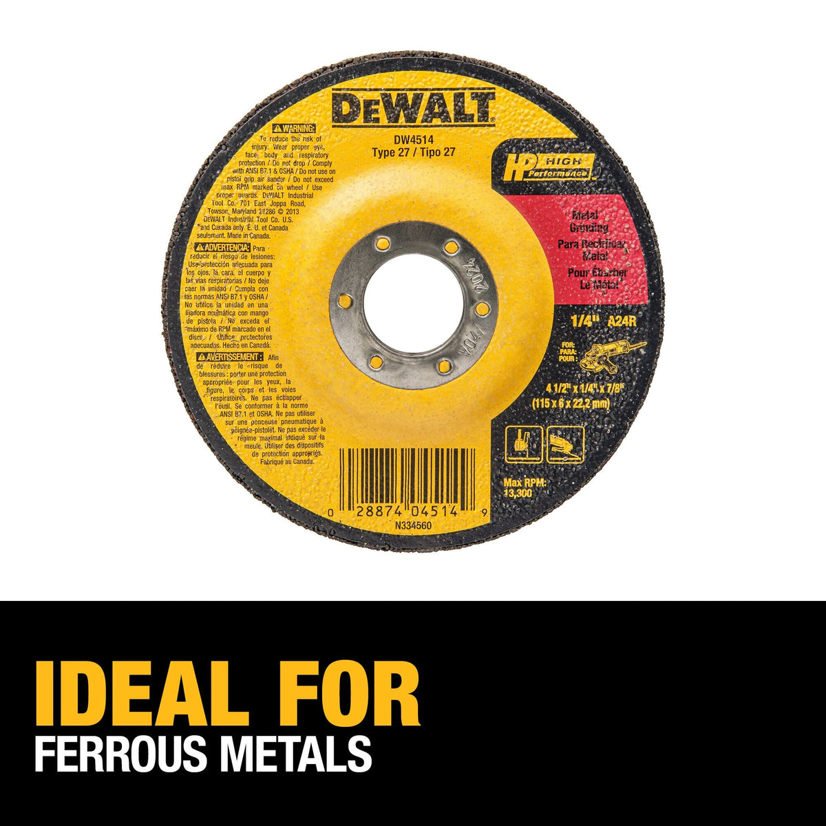 DEWALT Aluminum Oxide 4.5-in Type 27 Grinding Wheel, 1/4-in Thick, 7/8-in Arbor