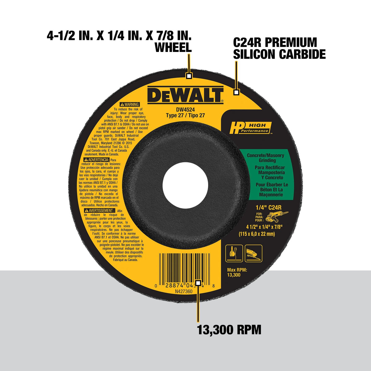 DEWALT Silicon Carbide 4-1/2-in Type 27 Masonry Grinding Wheel, 7/8-in Arbor, 1/4-in Thick