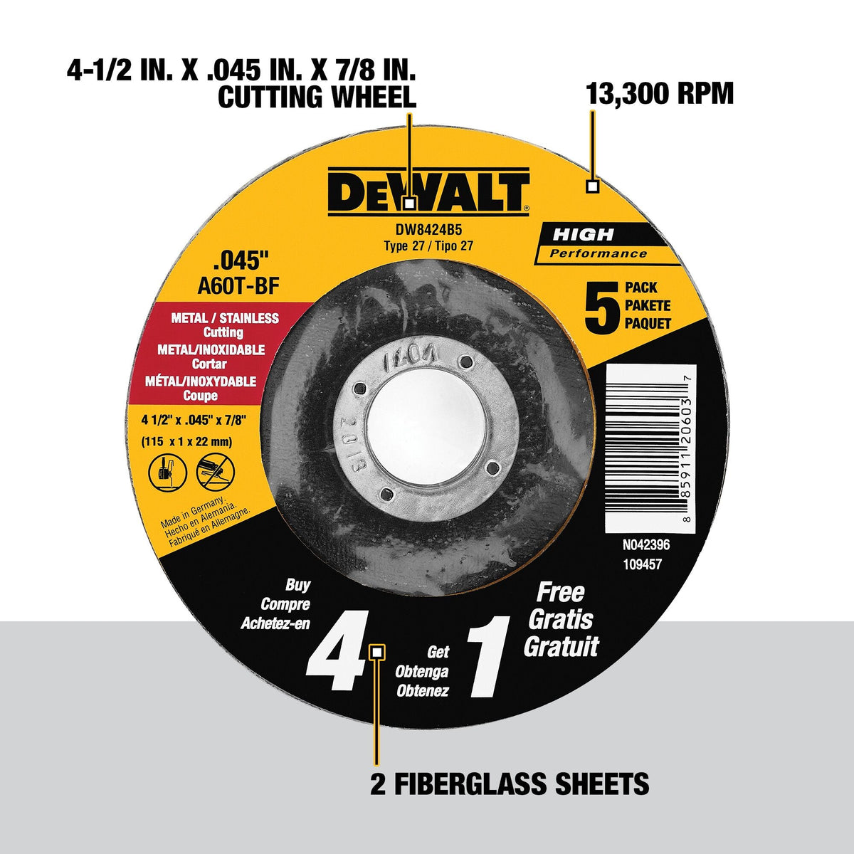 DEWALT 5-Pack Silicon Carbide 4-1/2-in x 0.045-in x 7/8-in Cutting/Grinding Wheels