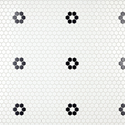 Affinity Tile Metro 1" Hex Matte White with Single Flower 10-in x 12-in Matte Porcelain Hexagon Mosaic Floor and Wall Tile product image