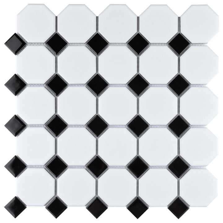 Affinity Tile Metro Octagon Matte White with Black Dot 11-1/2-in x 11-1/2-in Glazed Porcelain Octagon Mosaic Floor and Wall Tile product image