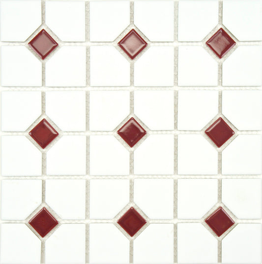 Affinity Tile Oxford Matte White with Maroon Dot 11-in x 11-in Multi-finish Porcelain Mosaic Floor and Wall Tile product image