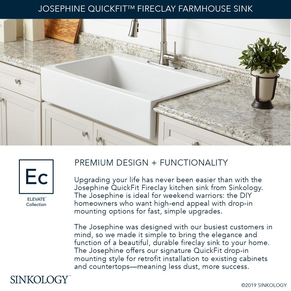 Josephine Quick-Fit Drop-in Farmhouse Fireclay 33.85 in. 3-Hole Single Bowl Kitchen Sink in Crisp White - Super Arbor