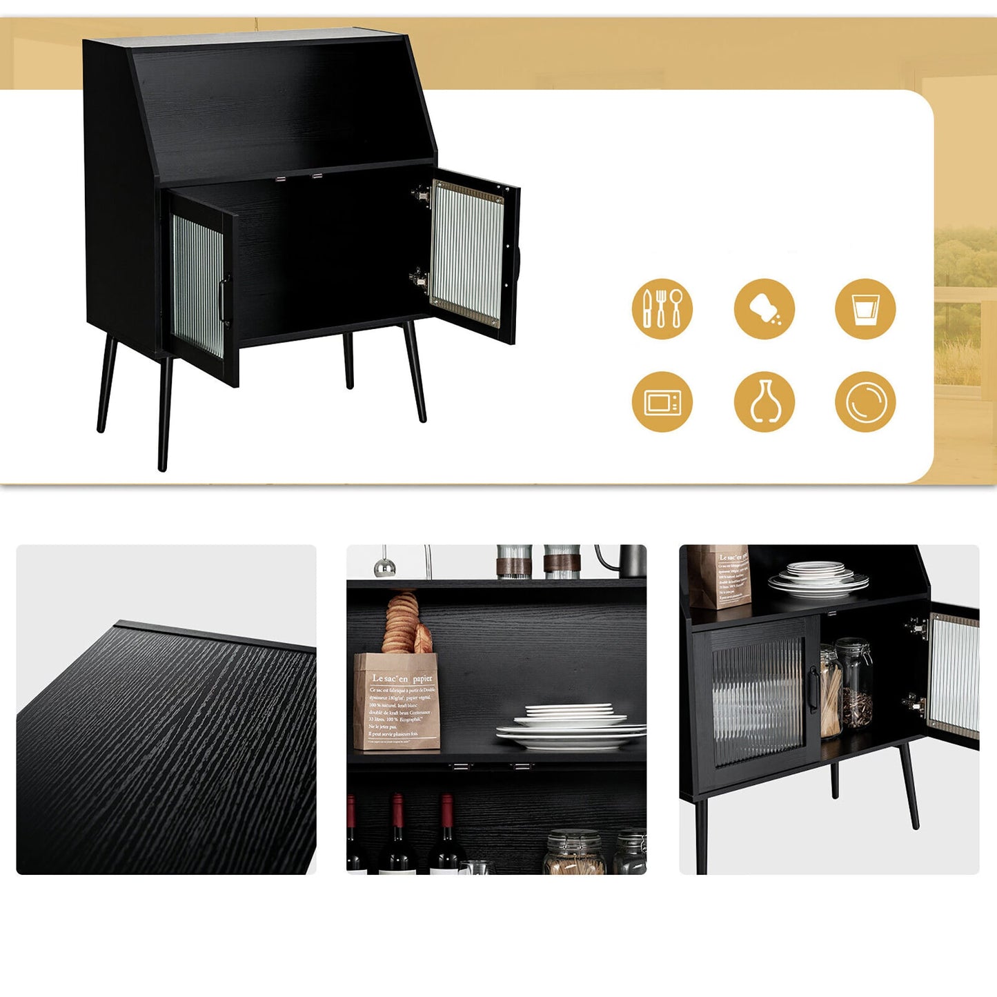 Goplus Casual Black Wood China Cabinet with Wine Storage