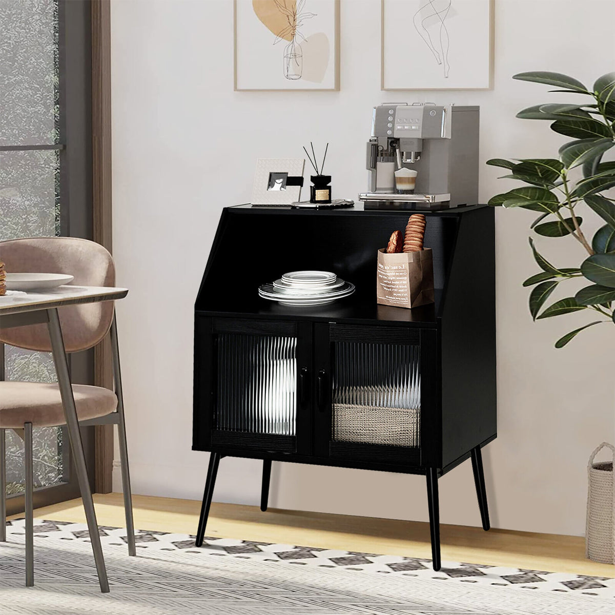 Goplus Casual Black Wood China Cabinet with Wine Storage
