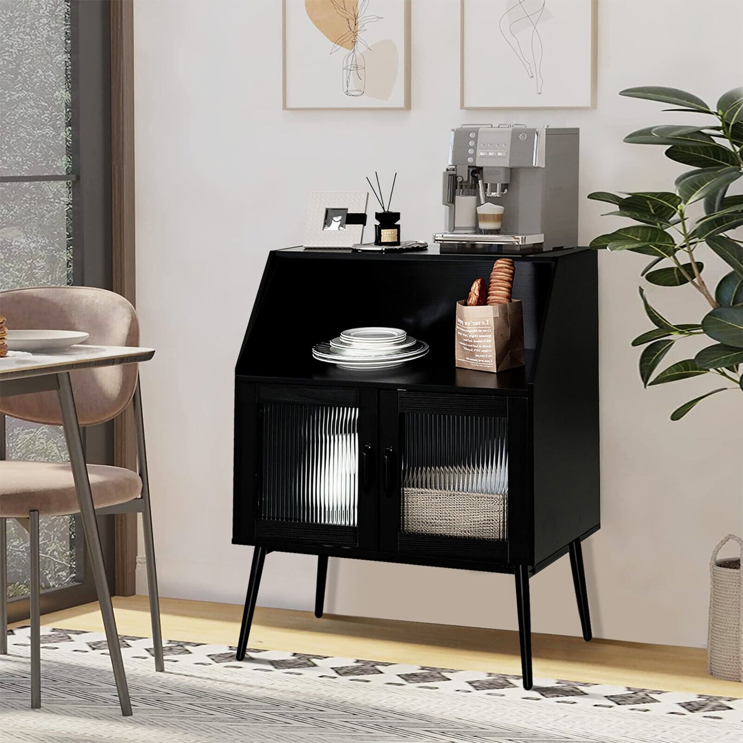 Goplus Casual Black Wood China Cabinet with Wine Storage