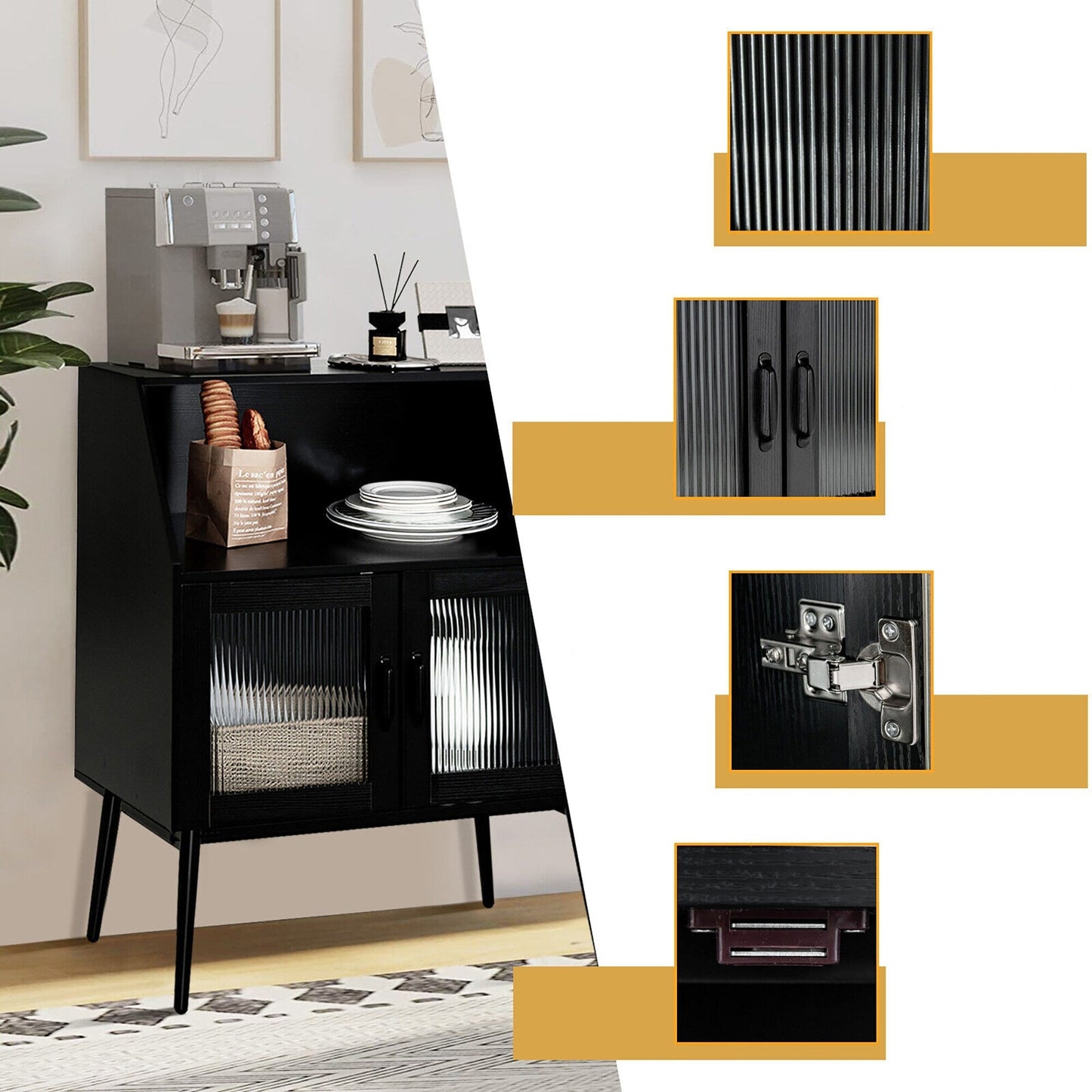 Goplus Casual Black Wood China Cabinet with Wine Storage