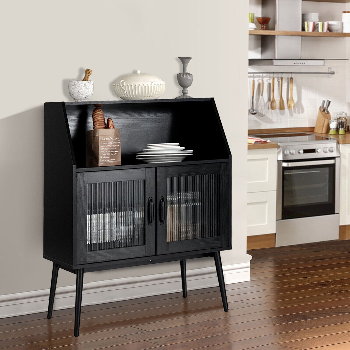 Goplus Casual Black Wood China Cabinet with Wine Storage