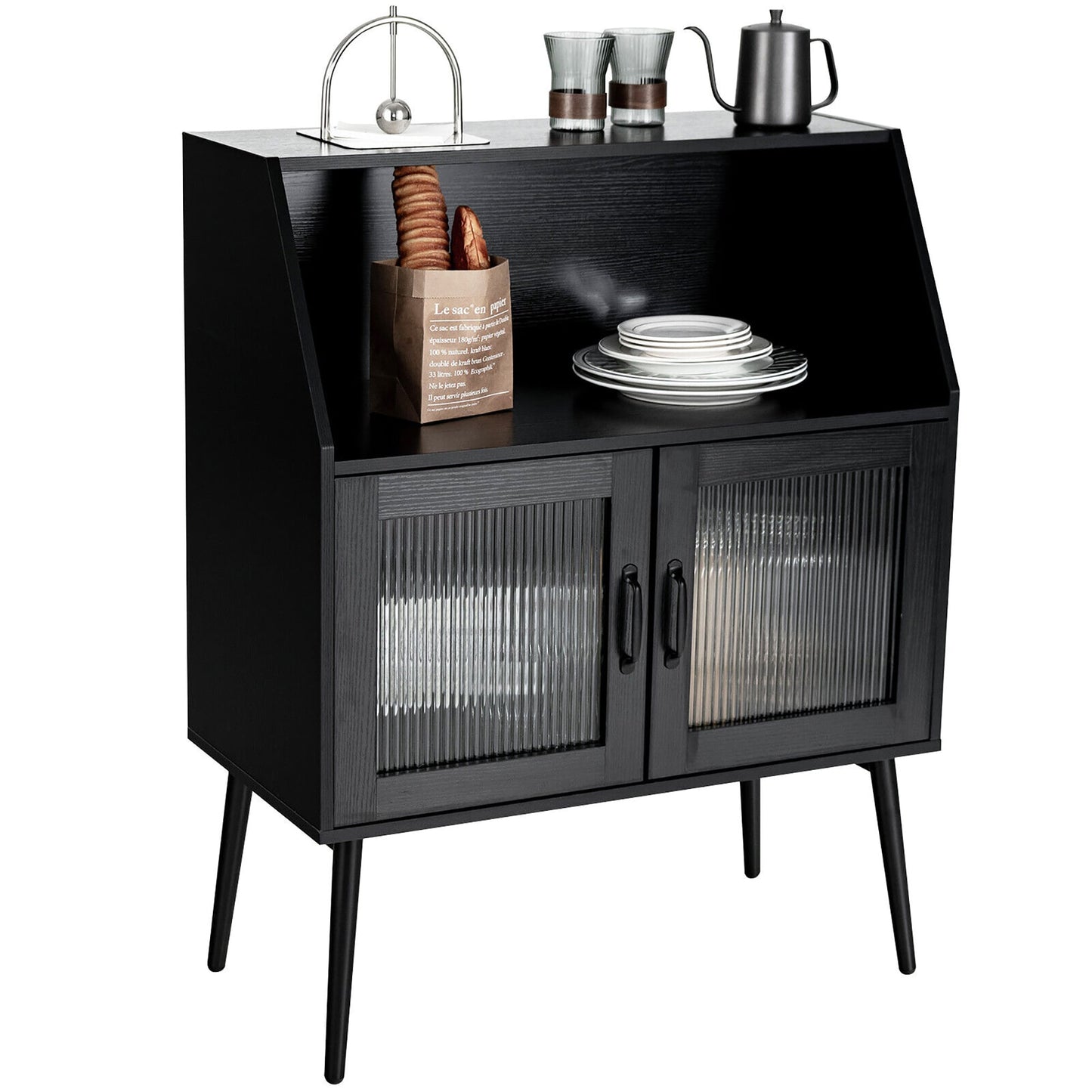 Goplus Casual Black Wood China Cabinet with Wine Storage