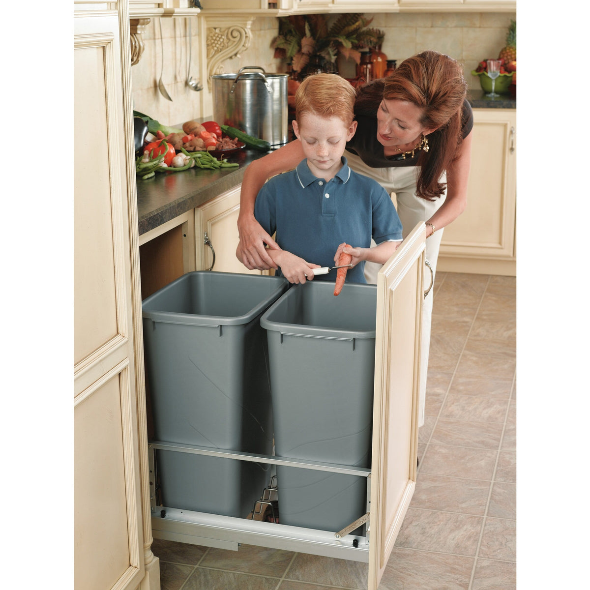 Rev-A-Shelf 50-Quart Plastic Soft-Close Pull-Out Trash Can, Dual-Bin, 15–17 in Cabinet Opening