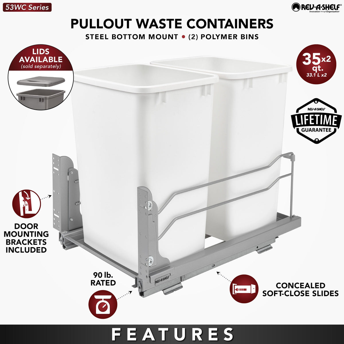 Rev-A-Shelf 35-Quart Soft-Close Double Pull-Out Trash Can, 14.38-in W x 22.25-in D x 19-in H