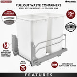 Rev-A-Shelf 35-Quart Soft-Close Double Pull-Out Trash Can, 14.38-in W x 22.25-in D x 19-in H