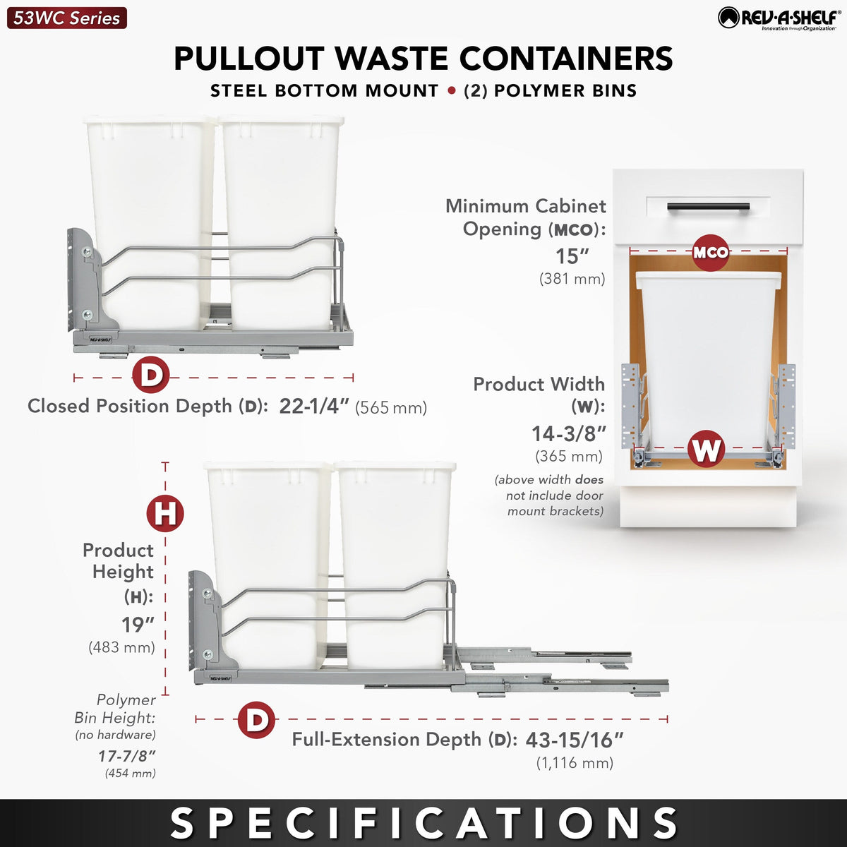 Rev-A-Shelf 35-Quart Soft-Close Double Pull-Out Trash Can, 14.38-in W x 22.25-in D x 19-in H