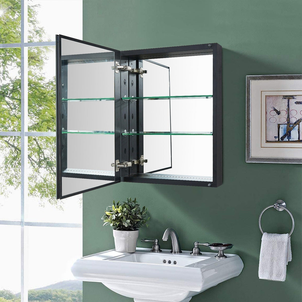 WELLFOR KAIF 16-in x 20-in Surface/Recessed Mount Black Mirrored Soft Close Medicine Cabinet