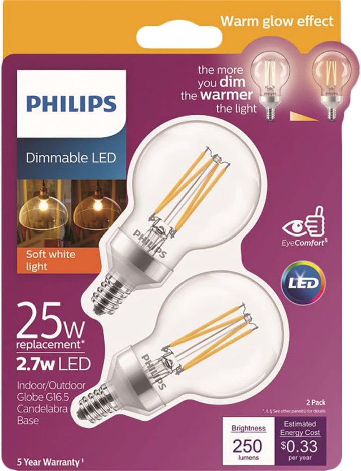 Philips 25W Equivalent G16.5 Dimmable LED Bulb, Warm Glow Effect, Candelabra Base, Soft White, 8-Pack