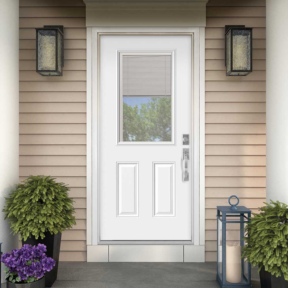 Masonite 30-in x 80-in Steel Half Lite Left-Hand Inswing Primed Prehung Single Front Door with Brickmould, Insulating Core, Blinds Between Glass