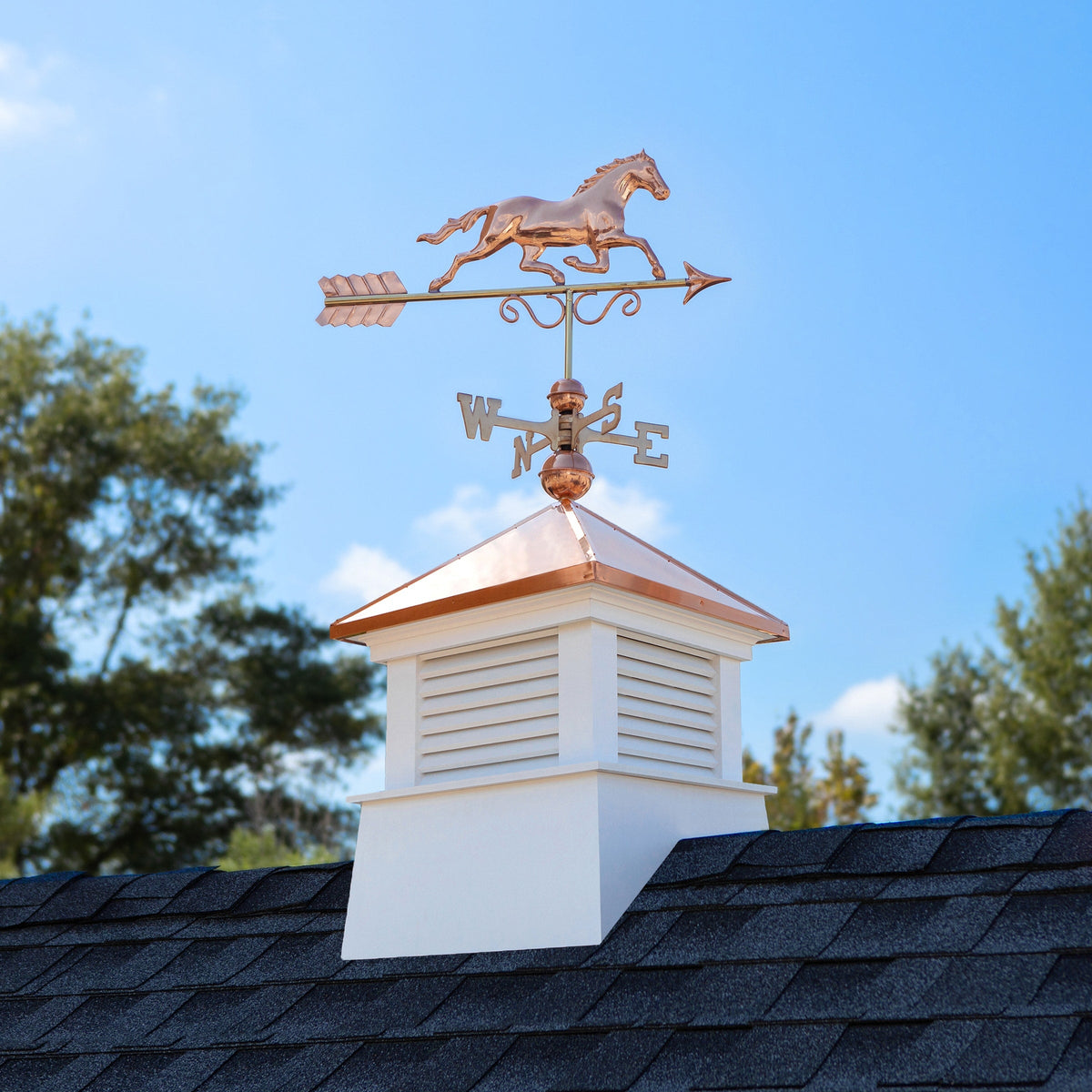 Good Directions Manchester Cupola with Copper Horse Weathervane, 18-in x 46-in White Vinyl Cupola with 24-Gauge Copper Roof