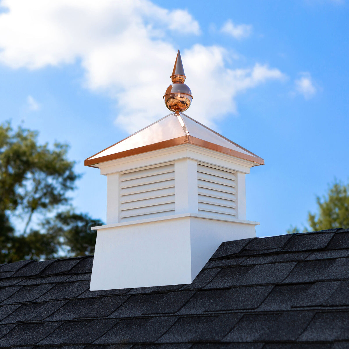 Good Directions Coventry Cupola with Copper Rooster Weathervane, 18-in x 46-in White Vinyl Cupola with 24-Gauge Copper Pagoda Roof