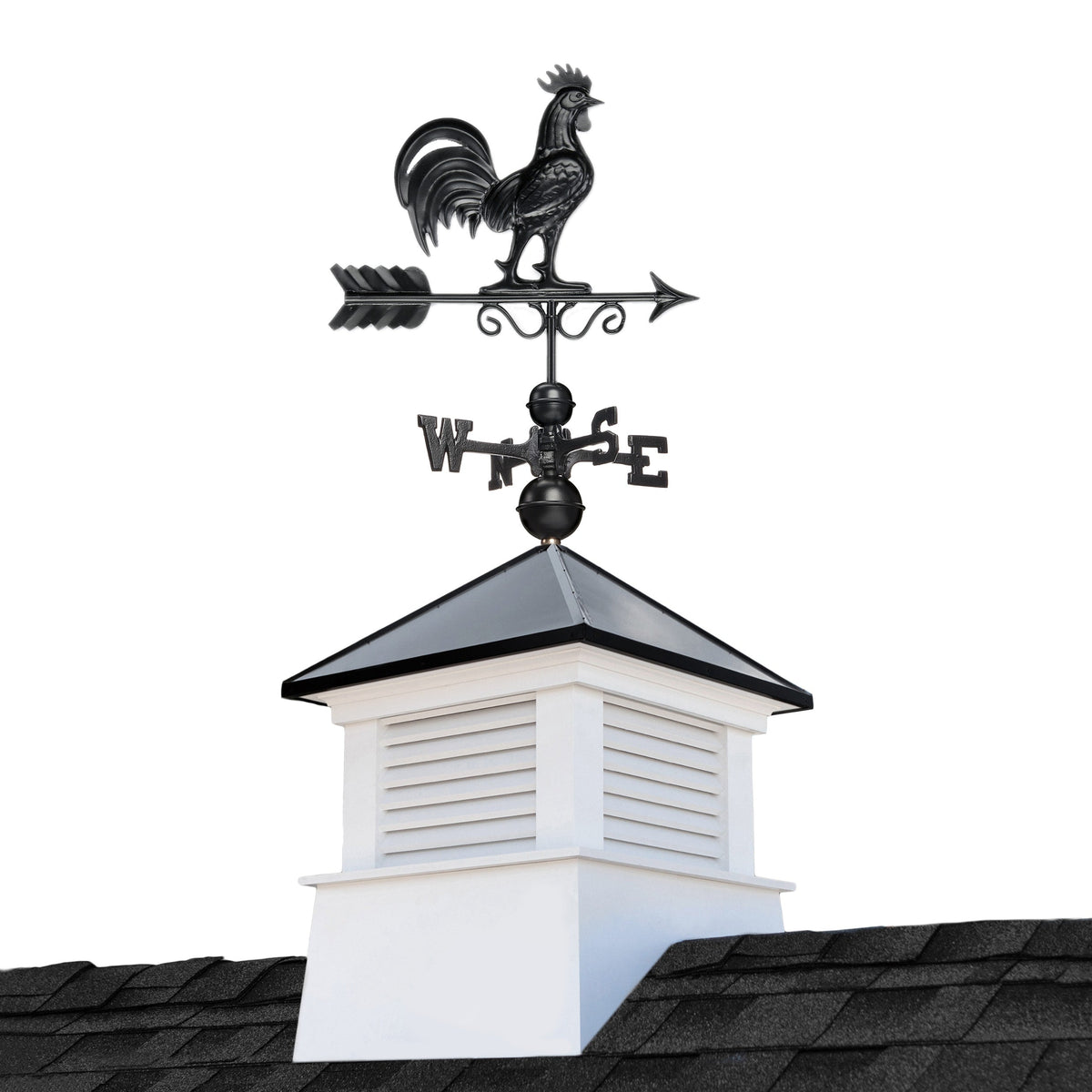 Good Directions Manchester 18-in x 49-in White Vinyl Cupola with Black Aluminum Roof and Black Rooster Weathervane