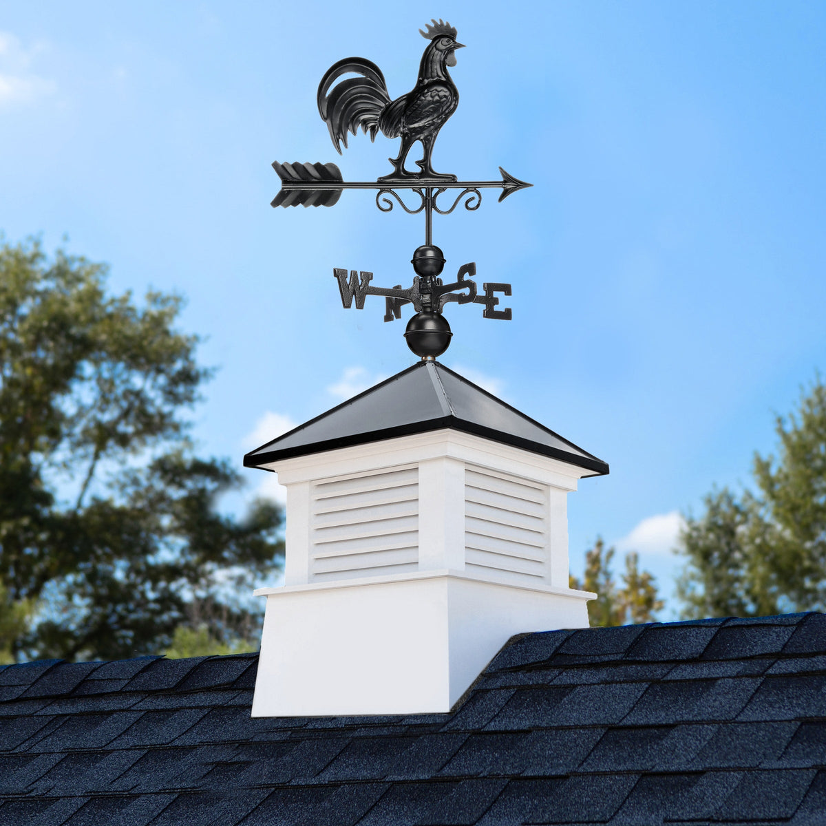 Good Directions Manchester 18-in x 49-in White Vinyl Cupola with Black Aluminum Roof and Black Rooster Weathervane