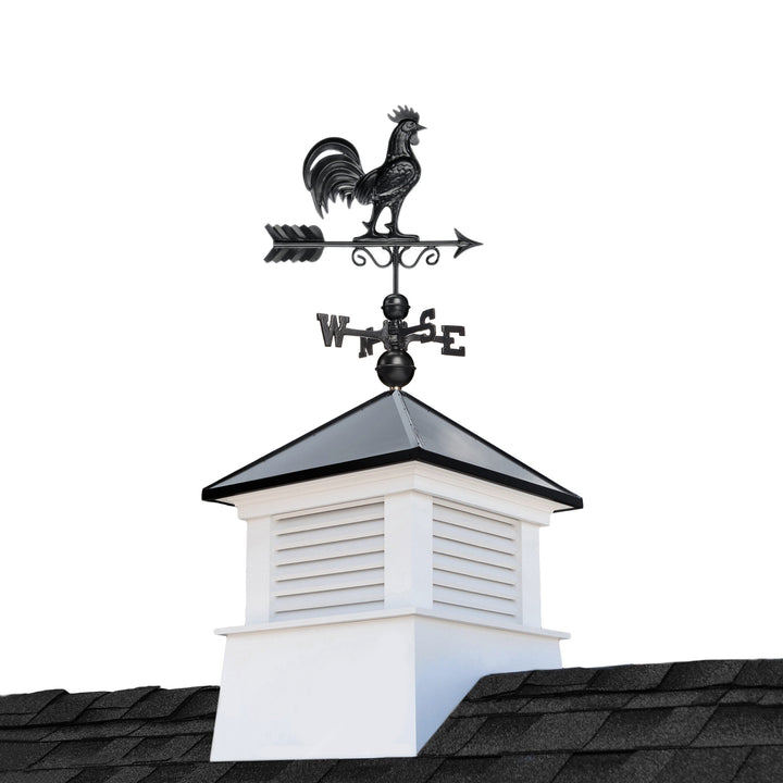 Good Directions Manchester Vinyl Cupola with Black Aluminum Roof and Black Rooster Weathervane, 26-in W x 59-in H