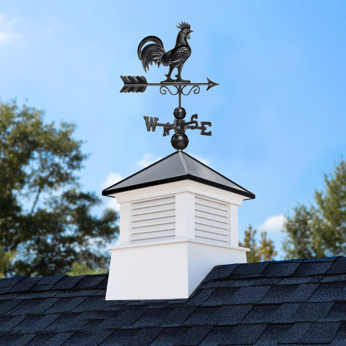 Good Directions Manchester Vinyl Cupola with Black Aluminum Roof and Black Rooster Weathervane, 26-in W x 59-in H