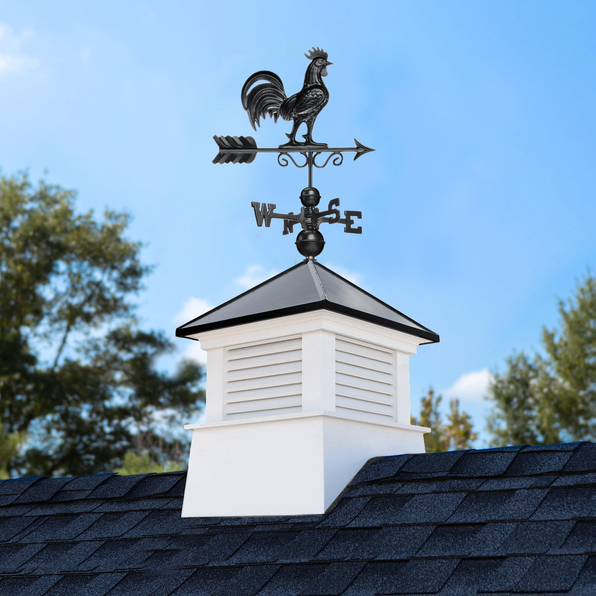 Good Directions Manchester 30-in x 67-in White Vinyl Cupola with Black Aluminum Roof & Black Rooster Weathervane