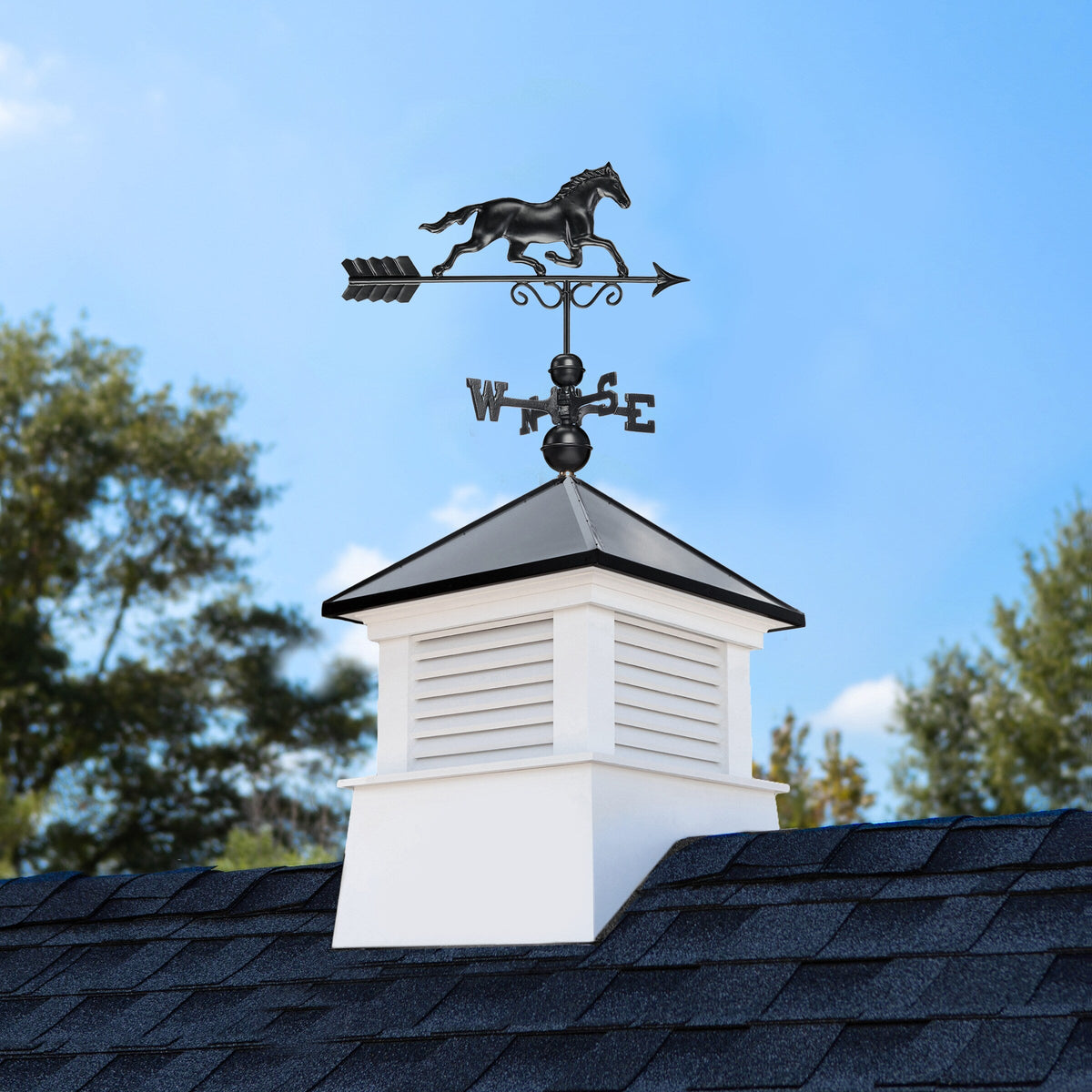 Good Directions Manchester 30-in x 64-in White Vinyl Cupola with Black Aluminum Roof and Black Horse Weathervane