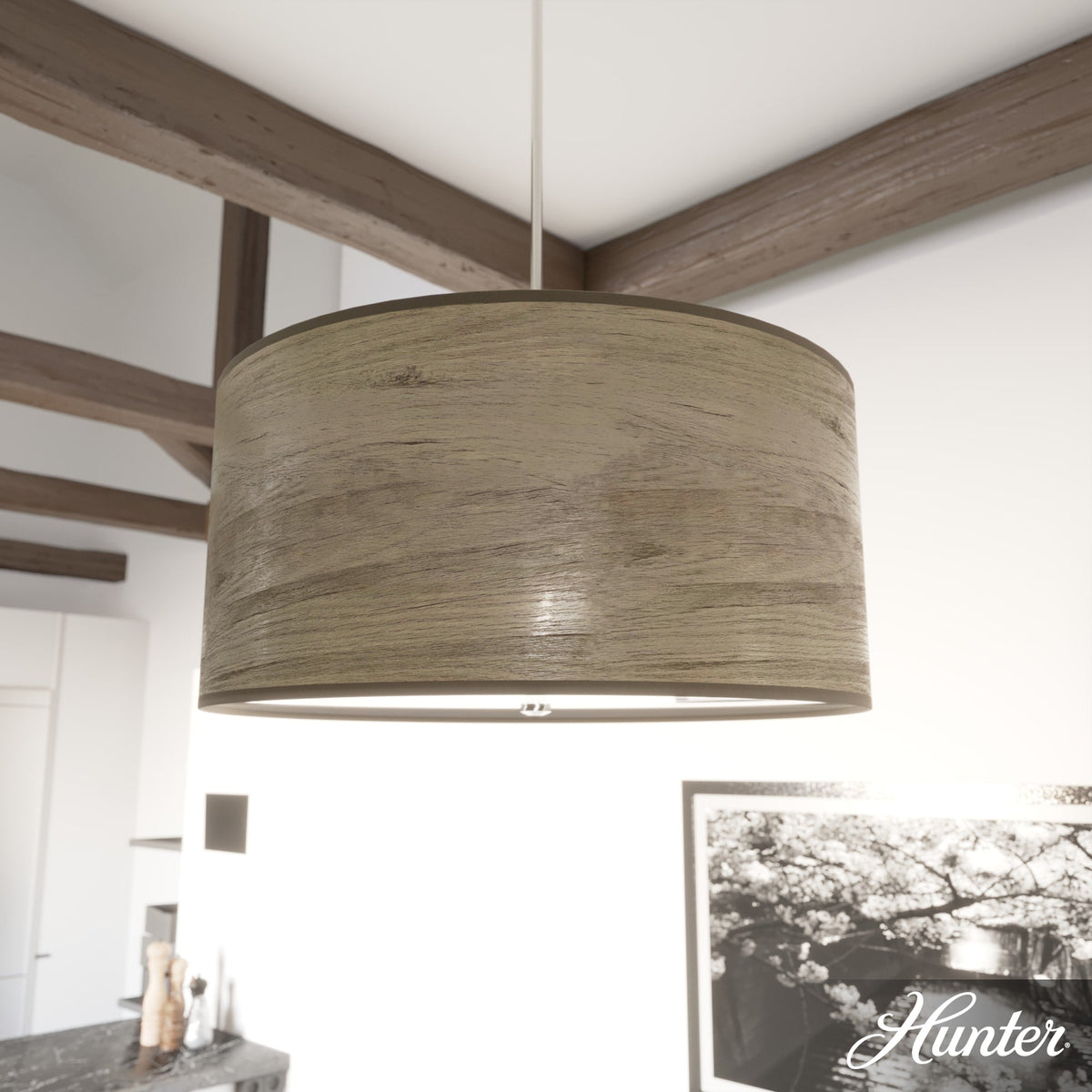 Hunter Solhaven 4-Light Warm Grey Oak Modern/Contemporary Frosted Glass Drum LED Large Hanging Kitchen Island Light
