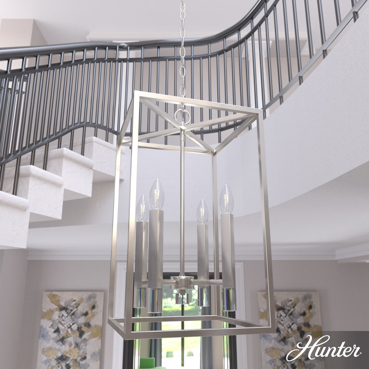 Hunter Sunjai 4-Light Brushed Nickel Traditional Lantern LED Medium Hanging Kitchen Island Light