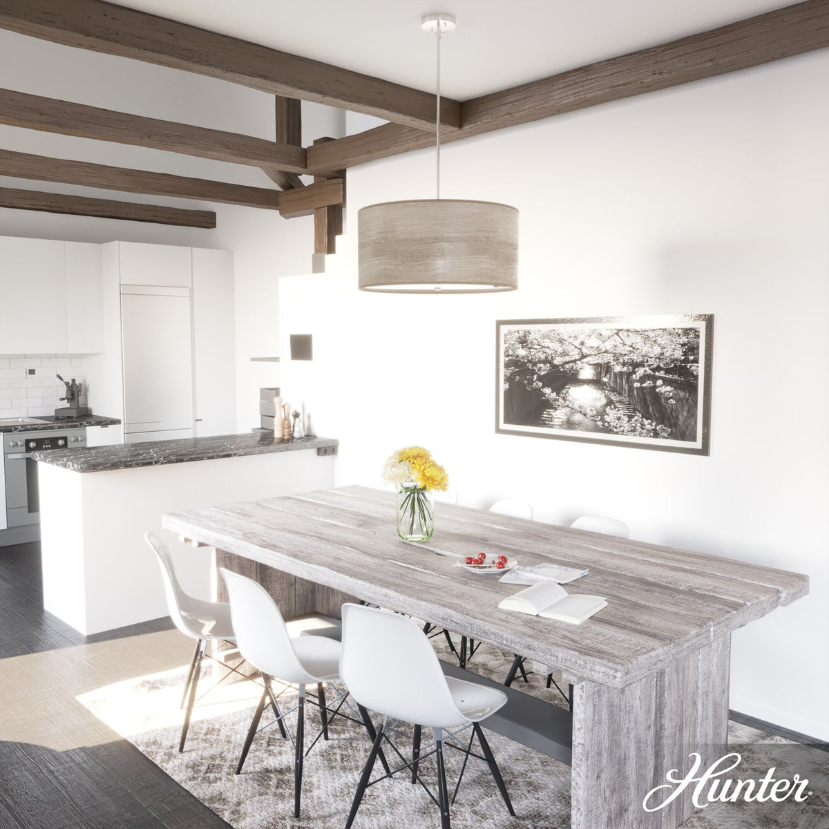 Hunter Solhaven 4-Light Gray Oak Modern/Contemporary Frosted Glass Drum LED Large Hanging Kitchen Island Light