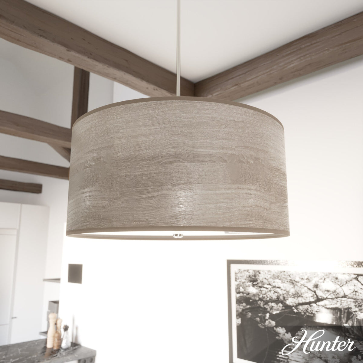 Hunter Solhaven 4-Light Gray Oak Modern/Contemporary Frosted Glass Drum LED Large Hanging Kitchen Island Light