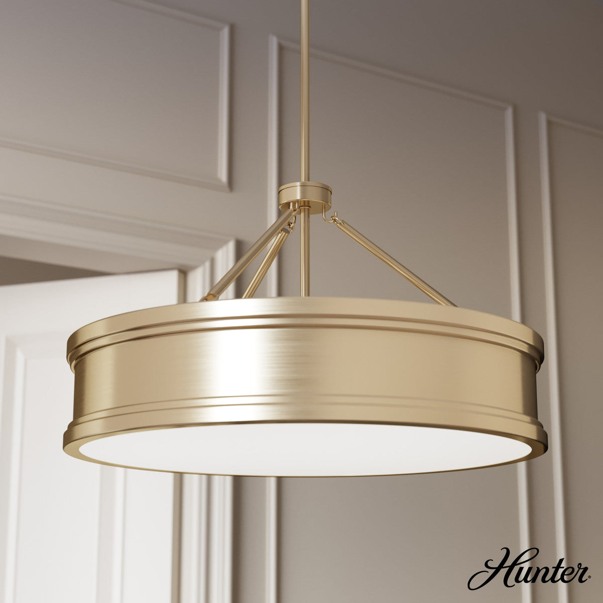 Hunter Capshaw 6-Light Alturas Gold Traditional Frosted Glass Drum LED Large Hanging Kitchen Island Light
